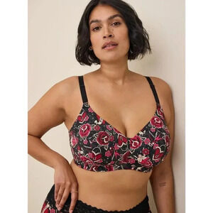 Torrid Women's Red & Black Floral Back Hook Eye Dream Wire-Free Bra Size 40D